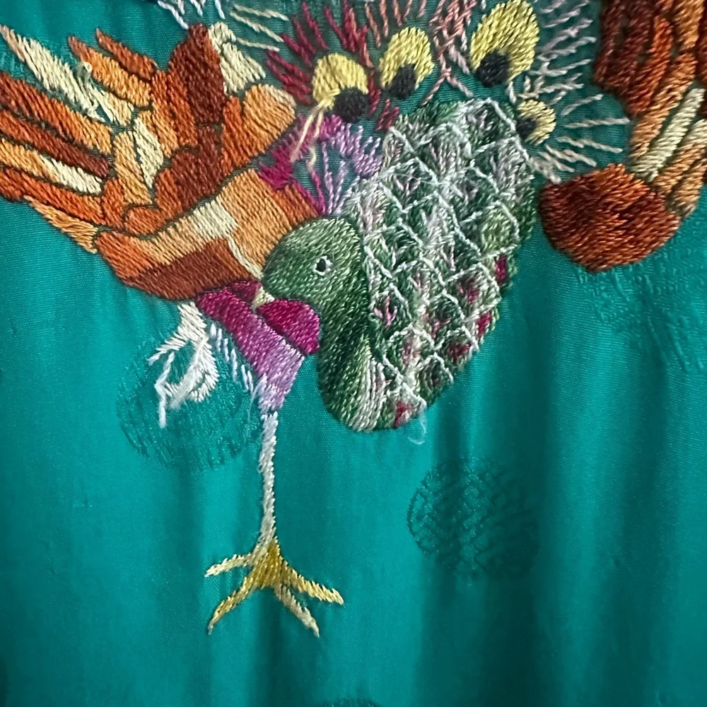 Golden Bee Green traditional vintage Chinese Kimono with Peacock Embroidery sz M - Picture 11 of 15